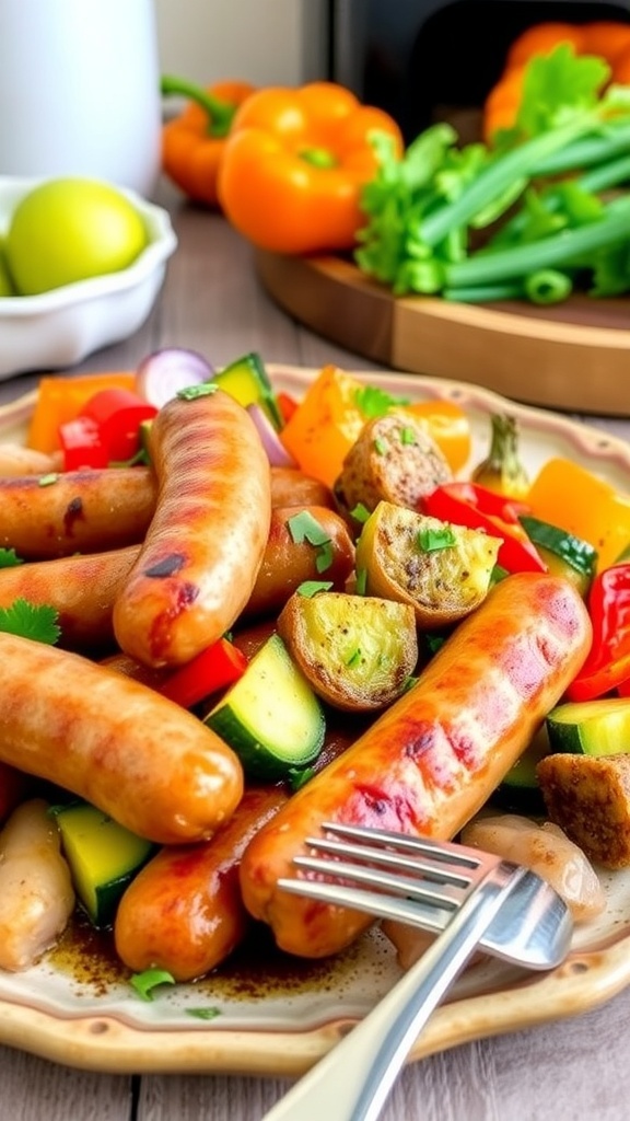 Air fryer sausage and vegetables on a plate with bell peppers, onions, and zucchini.
